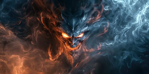 Fototapeta premium The vivid depiction of a fiery, ghostly face emerging from smoke and flames with glowing eyes in a dark, surreal background, halloween concept