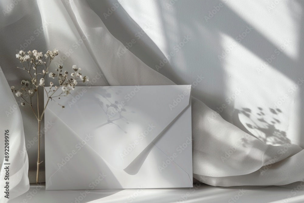 Poster A single white envelope sits on a clean white table, perfect for adding a touch of simplicity and elegance to your design