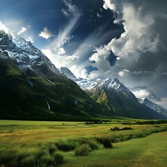 Obraz premium A dramatic mountain scene with sunlight breaking through the clouds, illuminating the snow-covered peaks and green valley below, showcasing the raw beauty of nature.