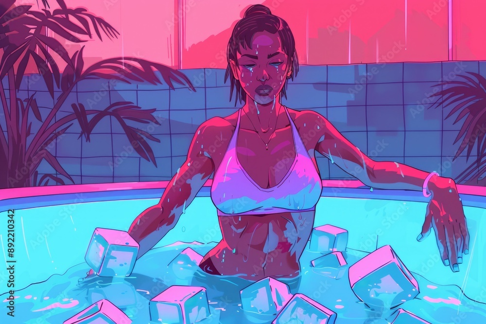 Poster a woman relaxes in an icy pool wearing a bikini, suitable for use as a unique and eye-catching backg