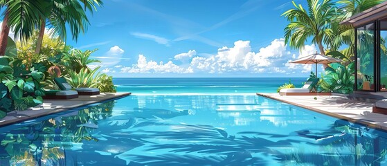 Obraz premium Exotic resort pool with swim-up bar and stunning beach views