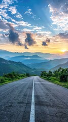 Naklejka premium Asphalt road square and green mountain with sky clouds natural landscape at sunrise