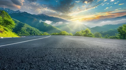 Gardinen Asphalt road square and green mountain with sky clouds natural landscape at sunrise © Imron