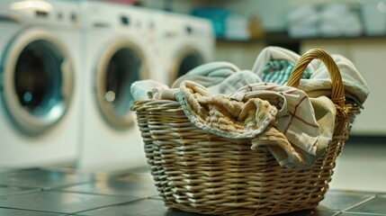 Obraz premium Basket with dirty clothes near washing machines in laundry room