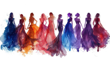 Bright silhouettes of variety of beautiful and slender young women in elegant multicolored dresses on white background. Model girl show. Watercolor drawing, sketch.