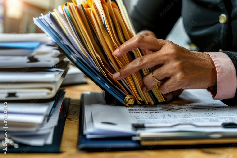 Poster a person holds a stack of papers on a desk, ready for organization or review