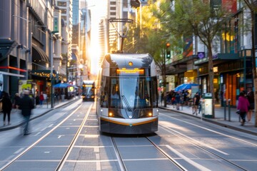 A modern tram travels down a bustling city street with the sun setting in the background.