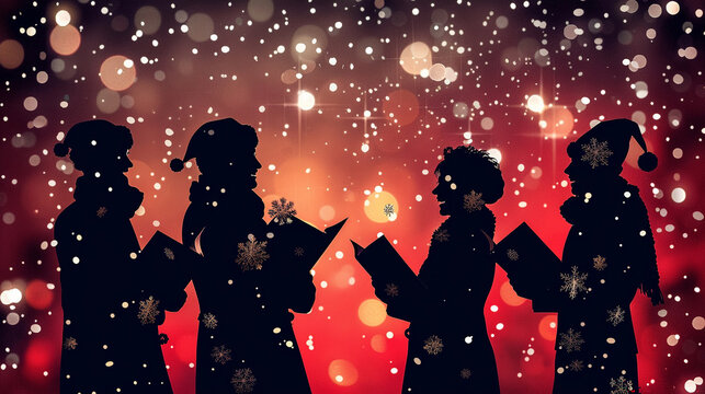 Christmas carolers with sheet music Merry Christmas background.