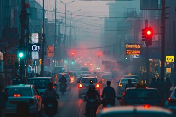 A busy city street filled with cars and motorcycles is shrouded in fog, creating a hazy and atmospheric scene.