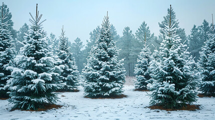Christmas tree lot with snow-covered pines Merry Christmas background.
