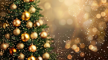 Christmas tree with golden ornaments Merry Christmas background.