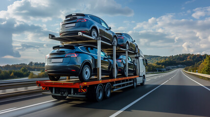 Tow truck car carrier semi trailer on highway carrying batch of new wrapped electric SUVs on motorway