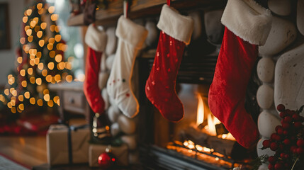 Cozy fireplace with stockings hanging Merry Christmas background.