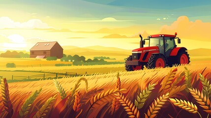 Obraz premium A tractor in a stylized, vibrant field with rolling hills