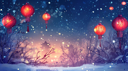 Festive lanterns on a snowy night Merry Christmas background.