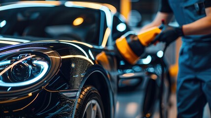Obraz premium Car detailing man holds a polisher in the hand and polishes the car