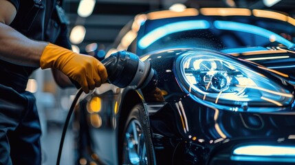 Obraz premium Car detailing man holds a polisher in the hand and polishes the car