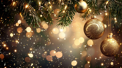 Glittering Christmas baubles hanging from a tree Merry Christmas background.