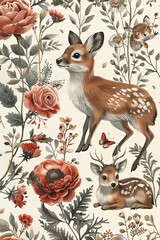 Fototapeta premium 35. Vintage-style botanical illustration with detailed flowers and forest animals. High resolution, very detailed, Isolated on pastel background