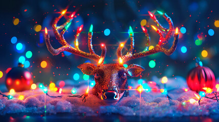 Fototapeta premium Reindeer antlers decorated with Christmas lights Merry Christmas background.