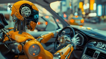 Fototapeta premium Science fiction and tech merged with a robotic auto driver with arm robots