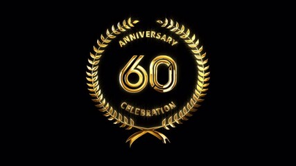 60th Anniversary Celebration. Golden 60 Years Anniversary Animation in Gold Color on the Transparent Background, Alpha Channel. Great for greetings, celebrations, events, and gifts.