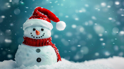 Obraz premium Santas hat on a snowmans head Merry Christmas background.
