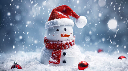 Santas hat on a snowmans head Merry Christmas background.