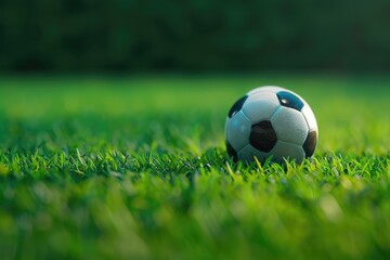 Obraz premium A soccer ball sits atop a well-manicured grassy field, perfect for outdoor sports or casual recreation