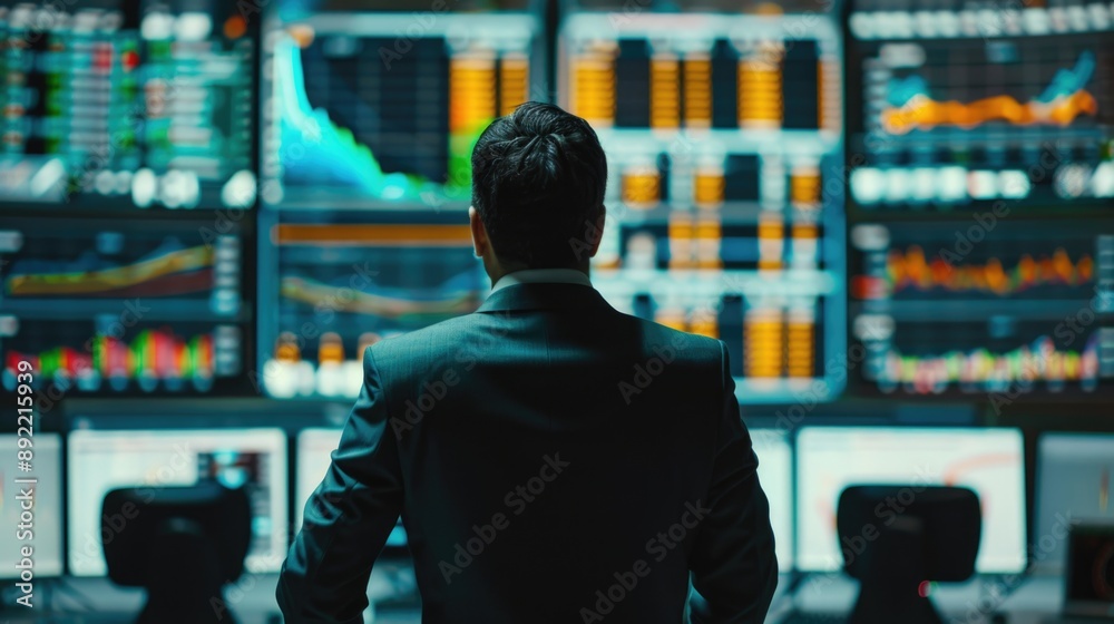 Aufkleber businessman standing in front of computer screens, possibly working or presenting