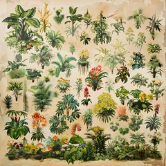 A beautifully detailed botanical illustration of various plant species, showcasing the diversity and richness of the plant kingdom in an artistic and scientific manner.