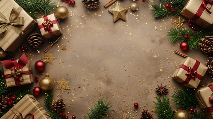 Christmas frame border background made out of gift boxes, fir branches and decorations