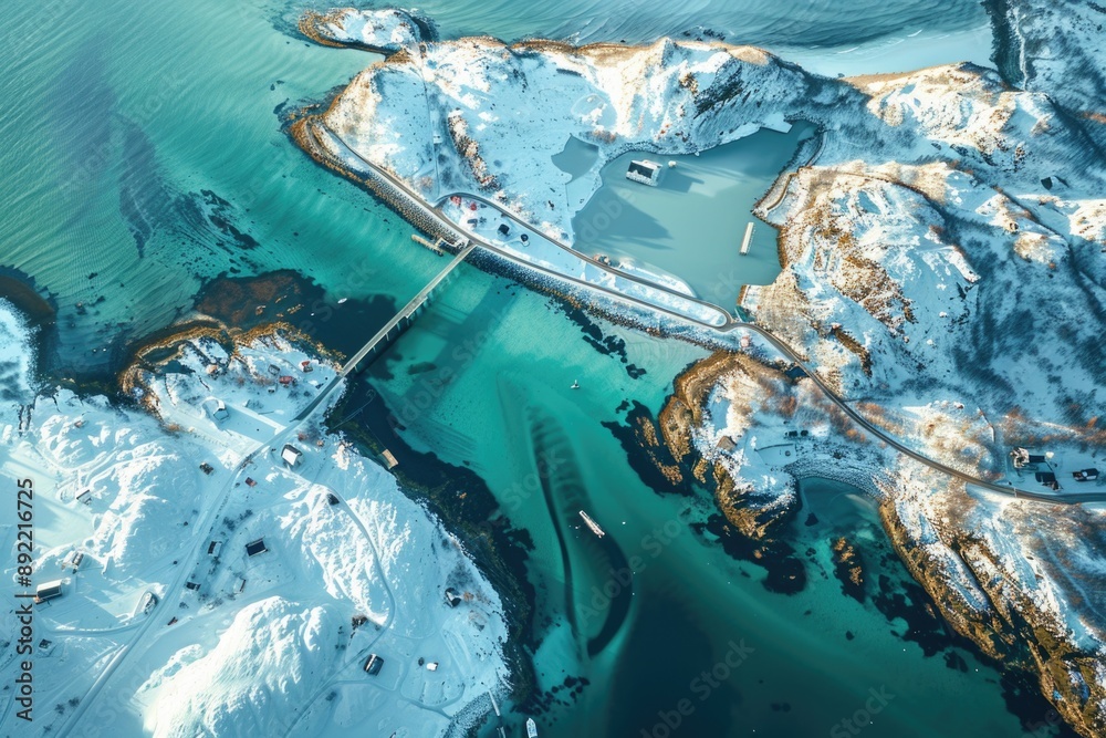 Poster aerial view of a bridge spanning across a lake or river