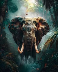  A majestic elephant stands amidst a dense rainforest, surrounded by lush foliage and falling leaves The image captures the powerful presence and natural habitat of the elephant