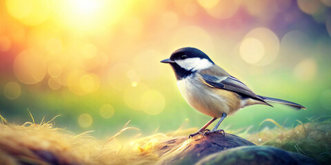 A coal tit sits delicately on a rock amidst bright, out-of-focus lights and soft, colorful surroundings. The dreamy bokeh effect and warm tones create a peaceful, enchanting atmosphere. AI generated.