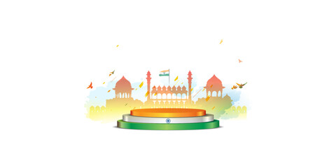 Obraz premium Vector greeting for happy Independence day of India. Tricolor podium and red fort background.