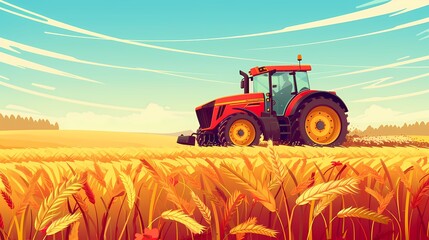 Obraz premium A tractor in a stylized, vibrant field with rolling hills