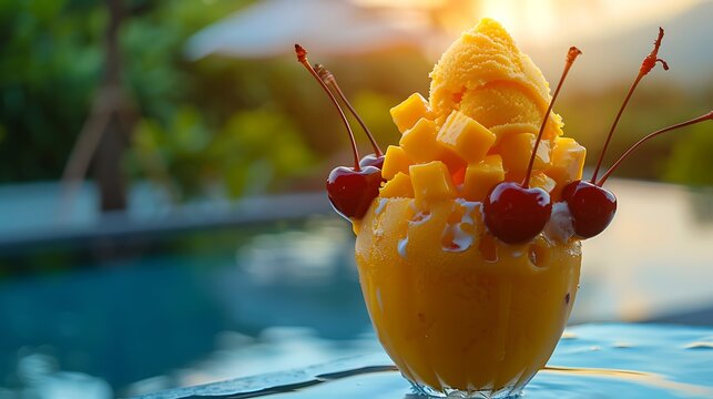 Shaved ice elegance fresh mango binsu ice cream with cherries on a pool view