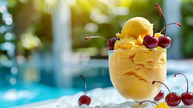 Shaved ice elegance fresh mango binsu ice cream with cherries on a pool view