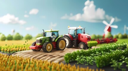 Fototapeta premium A tractor in a stylized, vibrant field with rolling hills