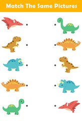 Picture Matching Worksheet for Preschool. Educational activity with cute dino illustration. Educational fun game for children.	