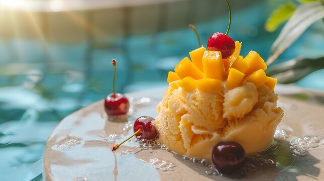 Shaved ice elegance fresh mango binsu ice cream with cherries on a pool view