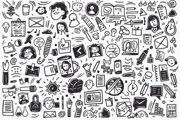 A collection of school-related items depicted in a black and white drawing
