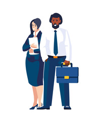 Obraz premium Business. Businessman, business people, ethnic staff. European businesswoman with and African American businessman with briefcase. Creative team business concept. Poster banner. Vector illustration