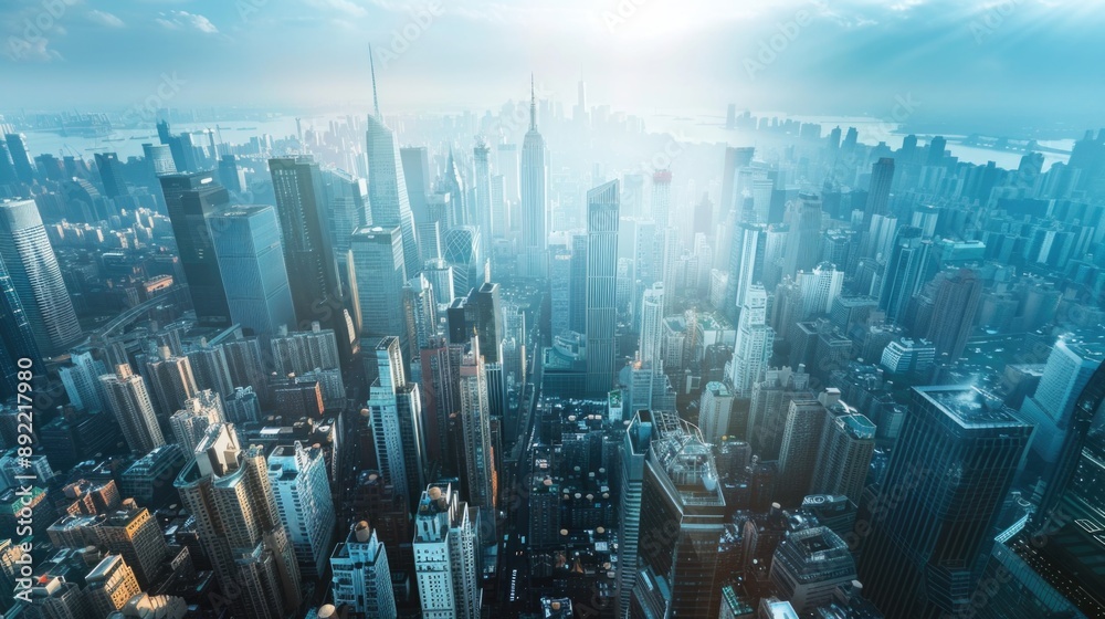Poster A panoramic view of a city from the top of a skyscraper, ideal for use in architecture, urban planning or travel projects