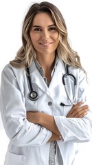 Fototapeta premium A female doctor in a white coat smiles and keeps her arms crossed