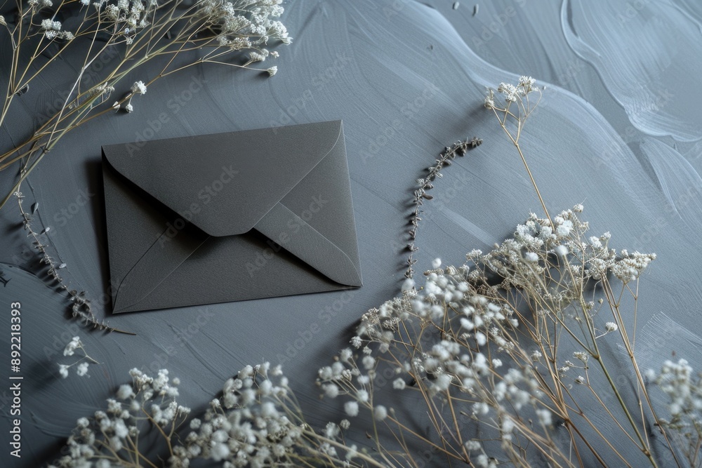 Poster a black envelope with white flowers on a gray surface, suitable for use in corporate or personal com