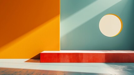 A contemporary and minimalist design featuring vibrant colors with large empty spaces. The image includes orange, teal, and red walls with a circular element adding to the simplicity.