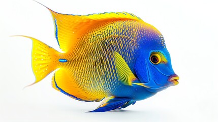 A vibrant blue and yellow angelfish isolated on a white background.