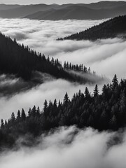 Minimalist black and white photography forest beneath a sea of clouds